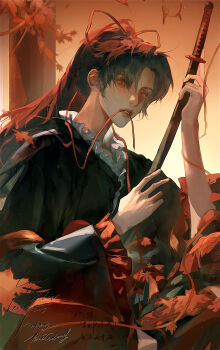 1girl absurdres aegyo_sal black_hair chinese_clothes commission eyelashes frills happy_birthday highres holding holding_sword holding_weapon leaf lips long_sleeves looking_afar maple_leaf mihuashi_commission original outdoors parted_bangs parted_lips red_eyes red_lips red_ribbon ribbon sitting solo sword teeth watermark weapon yu_mu_naodai