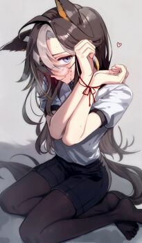 1girl animal_ears black_pantyhose black_shorts blue_eyes bound bound_wrists brown_hair commentary_request dream_journey_(umamusume) full_body glasses heart highres horse_ears horse_girl horse_tail looking_at_viewer multicolored_hair no_shoes osamu_(uko_oku) pantyhose shirt shorts sitting solo streaked_hair tail two-tone_hair umamusume white_hair white_shirt yokozuwari