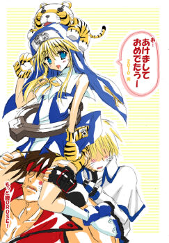 Rule 34 | 2010, 3boys, :d, adam's apple, adapted costume, anger vein, angry, animal, animal on head, animal print, ankle boots, arm at side, arm up, bare arms, bare shoulders, bike shorts, black gloves, blonde hair, blue boots, blue eyes, blue trim, blue veil, blue vest, boots, border, bridget (guilty gear), brown hair, button eyes, buttons, capelet, carrying, cross, cross print, embarrassed, faceless, faceless male, fingerless gloves, gloves, guilty gear, guilty gear xx, guimpe, hairband, hands on another's thighs, happy new year, high collar, kneehighs, ky kiske, light blush, looking at viewer, male focus, multiple boys, muscular, muscular male, neck ribbon, new year, no pupils, nun, object belt, on head, open mouth, outline, outside border, oversized object, print gloves, print shorts, rectangular mouth, red hairband, red vest, ribbon, roger (guilty gear), romaji text, shirt, short hair, shorts, shoulder carry, sleeveless, sleeveless shirt, smile, socks, sol badguy, solo focus, speech bubble, stitches, striped background, tanaka hitoriaruki, tiger, tiger print, trap, veil, vest, whiskers, white border, white capelet, white outline, white shirt, white socks, yellow background, yellow gloves, yellow ribbon