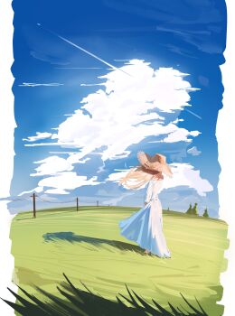 Rule 34 | 1girl, absurdres, aircraft, airplane, bare shoulders, blonde hair, blue sky, breasts, cloud, commentary, contrail, dress, english commentary, enid (tagua), from behind, grass, hat, highres, long hair, off shoulder, original, outdoors, sky, solo, straw hat, tagua, tree, utility pole, white dress