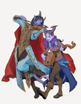 2girls alfira baldur's_gate baldur's_gate_3 bard boots brown_pants colored_skin corset demon_girl demon_horns dungeons_&amp;_dragons dungeons_&amp;_dragons earrings full_body highres horns instrument jewelry jumping long_hair lute_(instrument) medium_hair multiple_girls music pants playing_instrument purple_hair purple_skin smile tav_(baldur's_gate) tiefling tweedledraws violin white_background