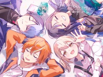 2boys 3girls aoyagi_touya aqua_hair arms_behind_head azusawa_kohane baseball_cap black_hair blonde_hair blue_hair brown_eyes brown_hair cellphone clenched_teeth closed_eyes closed_mouth commentary_request dated drawstring ear_chain facing_viewer hair_ornament hairpin hat hatsune_miku highres holding holding_unworn_clothes holding_unworn_hat hood hoodie jacket jacket_over_hoodie jewelry kantai_collection lapels linked_piercing long_hair long_sleeves looking_at_another lying mole mole_under_eye multicolored_hair multiple_boys multiple_girls natumikan_mo necklace notched_lapels on_back open_clothes open_jacket open_mouth orange_hair outstretched_arm outstretched_hand phone piercing project_sekai shinonome_akito shiraishi_an short_hair short_twintails signature smartphone smile split-color_hair star_(symbol) star_hair_ornament streaked_hair suspenders teeth tied_drawstring twintails two-tone_hair unworn_hat unworn_headwear upper_body vivid_bad_squad_(project_sekai) vivid_bad_squad_miku white_hat white_hoodie