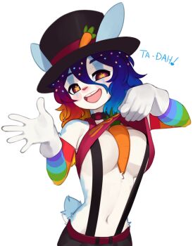 1girl animal_ears between_breasts blue_hair body_fur breasts carrot clothes_lift cowboy_shot cupcake_(yoako) detached_sleeves furry furry_female gloves hat highres large_breasts multicolored_hair navel original rabbit_ears rabbit_girl rabbit_tail rainbow_hair rainbow_print shirt_lift solo suspenders tail top_hat white_fur white_gloves yoako