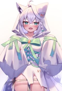 1girl absurdres ahoge animal_ear_fluff animal_ears animal_hood blue_bow blush bow braid breasts commentary_request cowboy_shot deaver fangs fox_ears green_bow green_eyes green_ribbon hair_between_eyes hair_bow highres hololive hood hood_up hoodie long_sleeves looking_at_viewer medium_breasts medium_hair no_panties open_mouth ribbon shirakami_fubuki simple_background skin_fangs sleeves_past_fingers sleeves_past_wrists solo standing virtual_youtuber white_background white_hair white_hoodie
