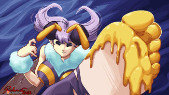 1girl abstract_background antennae arthropod_girl artist_name bare_shoulders barefoot bee bodysuit bug darkstalkers feet food_on_body foot_focus foreshortening highres honey insect insect_wings looking_at_viewer pixel_art purple_bodysuit q-bee redscript77_(artist) smile soles solo toes wings