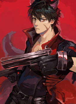 1boy animal_ears arknights arknights:_endfield arms_up bakemonookome belt belt_buckle black_belt black_gloves black_pants black_shirt buckle closed_mouth coat collared_coat cowboy_shot dual_wielding facial_scar gloves gun handgun highres holding holding_gun holding_weapon looking_to_the_side male_focus orange_eyes pants popped_collar red_background red_coat scar scar_on_cheek scar_on_face shirt sideways_glance solo tail weapon wolf_boy wolf_ears wolf_tail wulfgard_(arknights)
