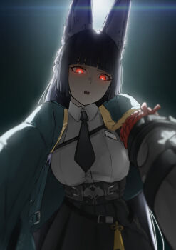 1girl animal_ears black_hair black_necktie black_skirt breasts commentary english_commentary fox_ears fox_girl green_jacket highres hoshimi_miyabi jacket large_breasts long_hair looking_at_viewer lunnavrmlln necktie open_clothes open_jacket open_mouth pleated_skirt red_eyes shirt skirt solo white_shirt yandere zenless_zone_zero