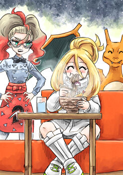 2girls apron black_bow black_bowtie blonde_hair blue_eyes blush bow bowl bowtie charizard chopsticks closed_eyes closed_mouth commentary_request drink eating fangs food food_in_mouth gen_1_pokemon glass glasses green_eyes grey_shirt griselle_(pokemon) hair_between_eyes highres holding holding_chopsticks kicdon korrina_(pokemon) long_hair long_sleeves multicolored_hair multiple_girls nintendo nodels noodles nostrils open_mouth orange_hair pokemon pokemon_(creature) pokemon_legends:_z-a ramen red_apron shirt sitting smile steam table teeth twintails two-tone_hair upper_teeth_only wavy_mouth white-framed_eyewear