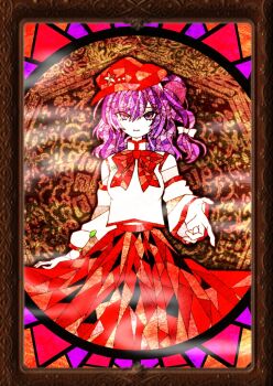 1girl bow bowtie breasts cowboy_shot dated_commentary detached_sleeves dolls_in_pseudo_paradise hair_bow hat hat_ornament high_collar highres label_girl_(dipp) long_hair long_sleeves looking_at_viewer neck_ribbon newsboy_cap outstretched_hand purple_eyes purple_hair reaching reaching_towards_viewer red_bow red_bowtie red_hat red_ribbon red_skirt ribbon shirt side_ponytail skirt sleeveless sleeveless_shirt solo stained_glass star_(symbol) touhou user_rdeh3228 white_bow white_shirt wide_sleeves