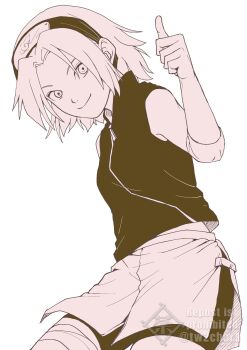 Rule 34 | 1girl, bike shorts, breasts, chara no7, commentary request, cowboy shot, forehead protector, greyscale, hairband, haruno sakura, highres, monochrome, naruto (series), naruto shippuuden, small breasts, smile, solo, thumbs up, twitter username, watermark