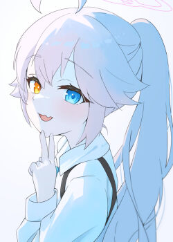 1girl absurdres ahoge blue_archive blue_eyes blue_necktie blush collared_shirt fang gradient_background hair_between_eyes halo has_bad_revision has_downscaled_revision highres hoshino_(blue_archive) long_hair long_sleeves md5_mismatch necktie open_mouth pink_hair pink_halo ponytail resolution_mismatch shirt skin_fang smile solo source_smaller upper_body ushaku white_shirt yellow_eyes