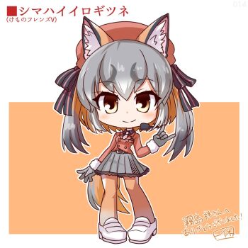 1girl animal_ears belt brown_hair commentary_request extra_ears fox_ears fox_girl fox_tail full_body gloves grey_hair hat ikkyuu island_fox_(kemono_friends) jacket kemono_friends kemono_friends_v_project long_hair looking_at_viewer microphone necktie orange_background pantyhose ribbon shirt shoes simple_background skirt solo tail twintails virtual_youtuber yellow_eyes