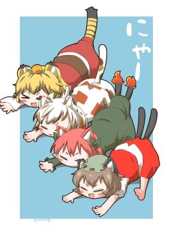 &gt;_&lt; 4girls :d animal_ears bare_legs barefoot cat_ears cat_tail chen chibi closed_eyes dress fire flame-tipped_tail full_body goutokuji_mike kaenbyou_rin multiple_girls open_mouth simple_background smile tail top-down_bottom-up toramaru_shou touhou trait_connection xd zannen_na_hito