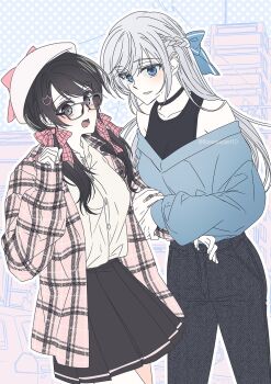 2girls black-framed_eyewear black_eyes black_hair black_pants black_skirt black_tank_top blue_background blue_eyes blue_sweater blush bow braid breasts cat_hair_ornament commentary cowboy_shot dress_shirt flannel glasses grabbing_another&#039;s_arm grey_hair hair_bow hair_ornament half_up_braid hand_up hands_on_another&#039;s_arm hat highres long_hair long_sleeves looking_at_another looking_at_viewer low_twintails medium_breasts kotone_montagne multiple_girls noge_tomoko off-shoulder_sweater off_shoulder open_mouth pants parted_lips persona persona_5 persona_5:_the_phantom_x pink_bow plaid_bow pleated_skirt polka_dot polka_dot_background shirt shirt_tucked_in showstealerhd sidelocks skirt smile sweater tank_top twintails white_hat white_shirt