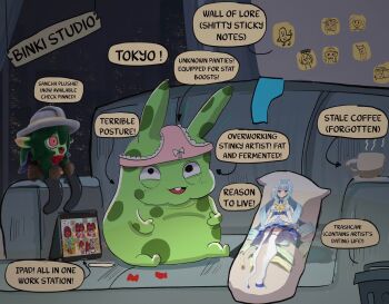 ant_girl arthropod_girl artist_self-insert basedbinkie cat_baguette_(popopoka) character_request coffee commentary couch dakimakura_(object) dakota_(basedbinkie) dickbutt english_commentary fumo_(doll) highres ipad jelly_hoshiumi object_on_head original panties panties_on_head pillow polka_dot sancha_gobzales_(basedbinkie) solo sticker stuffed_toy tablet_pc trash_can underwear