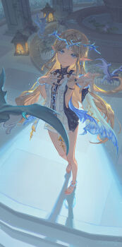 1girl absurdres artist_name blonde_hair blue_eyes bracelet breasts cartethyia_(wuthering_waves) cicimilu closed_mouth commentary_request earrings full_body hand_on_own_chest highres jewelry lantern long_hair looking_at_viewer outstretched_hand pointy_ears sandals shadow small_breasts solo standing tacet_mark_(wuthering_waves) very_long_hair wuthering_waves