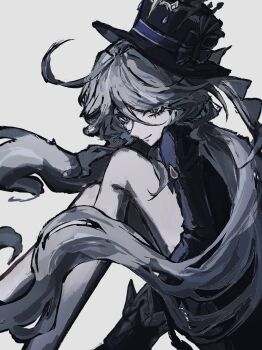 1girl 4nnzz absurdres blue_hat blue_jacket commentary_request cowlick drop-shaped_pupils furina_(genshin_impact) genshin_impact hat highres jacket legs_folded long_hair looking_at_viewer multicolored_hair smile solo streaked_hair symbol-shaped_pupils top_hat