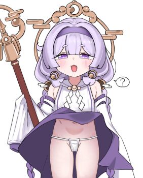 1girl :3 ? blush detached_sleeves fang flat_chest fundoshi hair_intakes hairband halo highres holding holding_staff ingppwa japanese_clothes loli long_sleeves navel nontraditional_miko open_mouth panties pantyshot purple_eyes purple_hair purple_hairband simple_background skirt skirt_flip sleeves_past_fingers sleeves_past_wrists smile spoken_question_mark staff stomach thigh_gap trickcal underwear white_background wide_sleeves yomi_(trickcal)