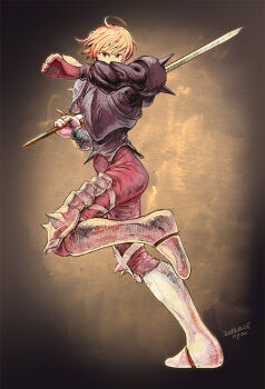 1boy ahoge armor armored_boots artist_request black_armor black_shirt black_sleeves blonde_hair boots brown_eyes brown_gloves brown_pants dated final_fantasy final_fantasy_tactics full_body gloves holding holding_sword holding_weapon knee_armor knee_pads leg_up looking_at_viewer non-web_source pants ramza_beoulve shirt shoulder_armor shoulder_pads shoulder_spikes simple_background solo spikes sword weapon