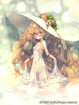 1girl brown_hair copyright_notice dress glasses green_eyes hat keypot long_hair looking_at_viewer official_art open_mouth red-framed_eyewear solo sundress very_long_hair vitamin_b2_(wixoss) white_dress white_hat wixoss