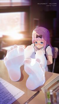 1girl 3: absurdres black_bow blue_eyes blunt_bangs blurry blurry_background blurry_foreground blush book bow chair closed_mouth commentary_request depth_of_field english_text feet feet_on_table fine_fabric_emphasis foot_focus foreshortening fujiwara_chika hair_bow highres icecake indoors kaguya-sama_wa_kokurasetai_~tensai-tachi_no_renai_zunousen~ long_hair looking_at_viewer no_shoes pantyhose paper pen photoshop_(medium) pink_hair school_chair school_uniform short_sleeves shuuchiin_academy_school_uniform sitting soles solo spread_toes toe_seam toes white_pantyhose