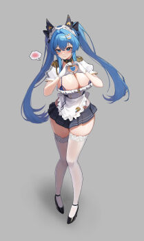 1girl absurdres alternate_costume apron black_corset black_skirt blue_eyes blue_hair breasts cleavage commentary corset english_commentary epaulettes full_body gloves goddess_of_victory:_nikke grey_background heart heart_hands helm_(nikke) high_heels highres large_breasts long_hair looking_at_viewer maid maid_apron maid_headdress miniskirt sagle simple_background skirt solo spoken_blush thighhighs thighs twintails very_long_hair white_gloves white_thighhighs zettai_ryouiki