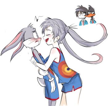 2boys 2girls animal_ears basketball_uniform bird blush bugs_bunny daffy_duck dual_persona duck furry furry_male genderswap genderswap_(mtf) gloves himuhino hug humanization long_hair looney_tunes multiple_boys multiple_girls rabbit rabbit_ears rabbit_tail short_hair shorts space_jam space_jam:_a_new_legacy sportswear tail twintails white_background white_gloves