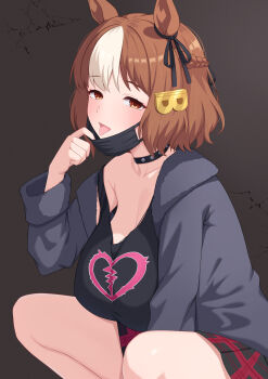 1girl absurdres animal_ears bad_source belno_light_(umamusume) black_choker black_jacket black_mask black_ribbon black_shirt black_skirt blush bow braid breasts brown_hair choker cleavage collarbone dark_background ear_ribbon hair_ornament half_up_braid heart heart_print highres hood hood_down hooded_jacket horse_ears horse_girl jacket large_breasts long_sleeves looking_at_viewer mask mask_pull mouth_mask multicolored_hair plaid_clothes plaid_skirt ribbon shirt short_hair skirt solo squatting streaked_hair studded_choker tongue tongue_out tsubame_tien umamusume umamusume:_cinderella_gray white_hair white_streaks