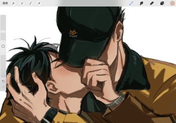 2boys aged_up akaashi_keiji art_program_in_frame baseball_cap black_hair blush bokuto_koutarou commentary_request haikyuu!! hand_on_another&#039;s_head hat highres hug hug_from_behind kiss koukiki9 long_sleeves male_focus multiple_boys short_hair watch wristwatch yaoi
