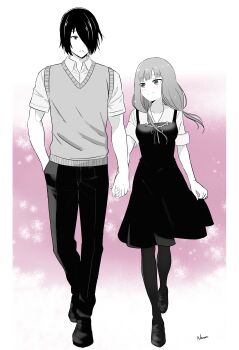 1boy 1girl absurdres artist_name breasts collarbone collared_shirt dress full_body hair_over_one_eye hand_in_pocket hetero highres holding_hands iino_miko ishigami_yuu kaguya-sama_wa_kokurasetai_~tensai-tachi_no_renai_zunousen~ long_hair looking_at_another low_twintails nana_(7kah) pants pantyhose school_uniform shirt shoes short_sleeves shuuchiin_academy_school_uniform small_breasts smile sweater twintails