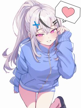 1girl absurdres black-framed_eyewear blue_jacket commentary_request from_above glasses grin hair_ornament hairclip heart highres jacket long_hair long_sleeves looking_at_viewer looking_over_eyewear multicolored_hair original ponytail purple_eyes sidelocks simple_background slippers smile solo spoken_heart streaked_hair thighs white_background white_hair x_hair_ornament yamai_yurika zipper