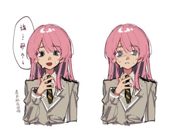 Rule 34 | 1girl, bang dream!, bang dream! it's mygo!!!!!, blue eyes, chihaya anon, collared shirt, commentary request, cropped torso, diagonal-striped clothes, diagonal-striped necktie, grey jacket, hair between eyes, haneoka school uniform, jacket, long hair, maotutude, necktie, nervous sweating, open mouth, parted lips, partially shaded face, pink hair, school uniform, shirt, sketch, solo, striped clothes, suit jacket, sweat, white background, white shirt