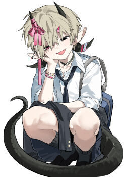 1boy :d absurdres backpack bag bead_bracelet beads black_eyes black_horns black_shoes black_socks blonde_hair bracelet collared_shirt commentary fang full_body hair_between_eyes hair_ornament hairclip heterochromia highres horn_ornament horn_ribbon horns jewelry looking_at_viewer male_focus open_mouth original pink_ribbon red_eyes ribbed_socks ribbon seeshin_see shirt shoes short_hair simple_background sitting skin_fang smile socks solo tail three-quarter_sleeves white_background white_shirt