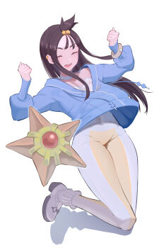 1girl absurdres black_hair blue_hoodie blush breasts choker closed_eyes covered_navel gamangajo gen_1_pokemon highres hood hoodie lida_(pokemon) long_hair long_sleeves nintendo open_mouth orange_leggings pokemon pokemon_(creature) pokemon_legends:_z-a shoes small_breasts smile sneakers staryu two-tone_legwear