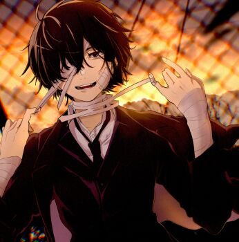 Rule 34 | 1boy, bandage on neck, bandage over one eye, black hair, black jacket, black necktie, bungou stray dogs, chain-link fence, chromatic aberration, collared shirt, commentary request, dazai osamu (bungou stray dogs), fence, gauze, gauze on cheek, highres, jacket, long sleeves, male focus, necktie, open mouth, shirt, short hair, sunset, tokoame, upper body