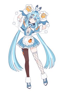 1girl :o absurdres animal_ears animal_hands apron arahashi_tabi arms_up asymmetrical_legwear black_thighhighs blue_capelet blue_dress blue_eyes blue_hair blue_shoes bow bow_legwear breasts capelet cleavage commentary_request dress dress_bow fishnets flower_sticker full_body fur-trimmed_capelet fur_trim gloves hair_ornament hair_rings hairclip heart heart_hair_ornament highres korean_commentary long_hair looking_at_viewer parted_lips paw_gloves puppy_pencil_case rabbit_ears rabbit_girl shoes short_dress solo standing standing_on_one_leg stellive sticker sticker_on_face thighhighs triangle_hair_ornament twintails very_long_hair virtual_youtuber waist_apron white_apron white_thighhighs x_hair_ornament