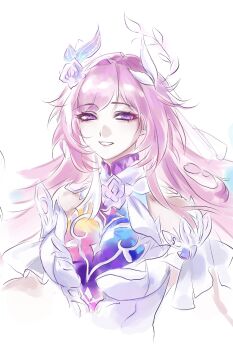 1girl aqua_hair bare_shoulders breasts chinese_commentary commentary_request cyrene_(demiurge)_(honkai:_star_rail) cyrene_(honkai:_star_rail) diamond-shaped_pupils diamond_(shape) dress flower hair_flower hair_ornament heartlessx highres honkai:_star_rail honkai_(series) large_breasts long_hair looking_at_viewer multicolored_hair pink_hair purple_eyes simple_background smile solo symbol-shaped_pupils upper_body very_long_hair white_background white_dress white_hair