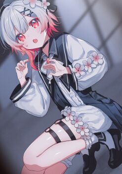 :o absurdres androgynous black_choker blush bow bowtie canarinu choker fang flower highres legwear_garter long_sleeves looking_at_viewer mahou_shoujo_no_majo_saiban multicolored_hair o-ring o-ring_thigh_strap open_mouth pink_eyes pink_hair red_eyes sakuraba_ema shirt shorts socks solo squatting sweatdrop thigh_strap white_bow white_bowtie white_flower white_hair white_shirt white_shorts white_socks