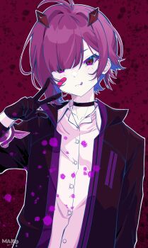 Rule 34 | 1boy, absurdres, antenna hair, bandaid, bandaid on cheek, bandaid on face, black choker, blood, brown gloves, brown jacket, choker, closed mouth, commentary, commentary request, english commentary, gloves, hair ornament, hair over one eye, hand up, highres, indie virtual youtuber, jacket, kurimako, long sleeves, looking at viewer, male focus, mixed-language commentary, open clothes, open jacket, parted bangs, pink shirt, purple blood, purple eyes, purple hair, red background, shirt, short hair, solo, tongue, tongue out, upper body, virtual youtuber, w, yozora mako