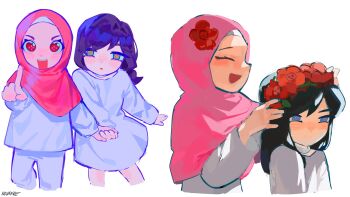 2girls @_@ alien_stage black_hair blue_eyes boboiboy commentary dress english_commentary flower head_wreath highres hijab holding_hands long_hair multiple_girls novandezyshax pants pink_eyes pink_hijab pointing red_flower shirt signature white_dress white_pants white_shirt yaya_yah ying_(boboiboy)