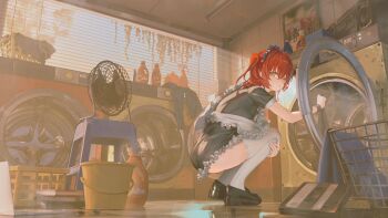 1girl apron armlet ass black_dress black_shoes bocchi_the_rock! dress frilled_apron frilled_dress frills green_eyes hair_between_eyes highres indoors jewelry kita_ikuyo kt_(kt19990301) laundry laundry_basket long_hair looking_back maid maid_headdress microdress penny_loafers platform_shoes puffy_short_sleeves puffy_sleeves red_hair shoes short_sleeves skindentation squatting sunlight thighhighs thighs twintails washing_clothes washing_machine white_apron white_thighhighs