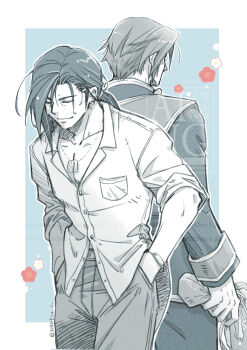 Rule 34 | 2boys, 80850love fu, back-to-back, blue background, border, bracelet, closed eyes, closed mouth, collared shirt, commentary request, dog tags, earrings, father and son, final fantasy, final fantasy viii, hair between eyes, hands in pockets, highres, jacket, jewelry, laguna loire, light smile, long hair, low ponytail, male focus, military jacket, military uniform, multiple boys, ponytail, shirt, short hair, single earring, sleeves rolled up, squall leonhart, twitter username, white border