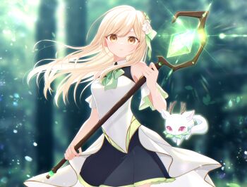 1girl arm_cuffs bare_shoulders black_dress blonde_hair blurry blurry_background collared_dress commentary_request cowboy_shot crystal dress flower gem glowing glowing_crystal green_gem green_ribbon hair_flower hair_ornament hair_ribbon highres holding holding_staff iring00 korean_commentary long_hair looking_at_viewer magical_girl multicolored_dress neck_ribbon original ribbon sleeveless sleeveless_dress solo staff upper_body white_dress white_flower yellow_eyes