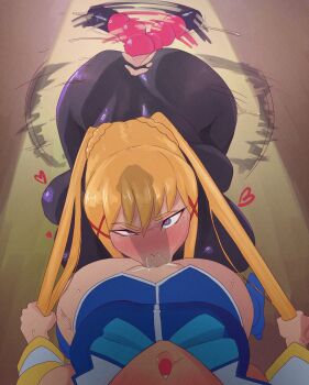 1futa 1girl :>= all_fours alternate_hairstyle anal anal_beads anal_object_insertion aqua_(konosuba) ass_shake black_bodysuit blonde_hair blue_dress blue_eyes blush bodysuit breasts cum cum_in_mouth cum_in_nose darkness_(konosuba) deepthroat detached_sleeves dress fellatio futa_with_female futanari grabbing_another's_hair grabbing_another's_twintails heart heart-shaped_pupils highres holding_another's_hair irrumatio kiviyomi kono_subarashii_sekai_ni_shukufuku_wo! large_breasts long_hair long_sleeves looking_at_viewer object_insertion open_mouth oral penis sex_toy sidelocks standing symbol-shaped_pupils twintails x-ray
