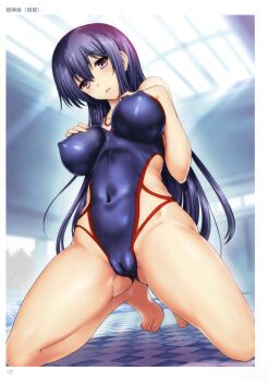 1girl absurdres bare_shoulders barefoot breasts cameltoe checkered_floor covered_erect_nipples ears_visible_through_hair feet female_focus fingernails hair_between_eyes hands_on_own_chest highres kneeling large_breasts long_hair looking_at_viewer multicolored_swimsuit non-web_source one-piece_swimsuit open_mouth purple_eyes purple_hair scan smile solo sunlight swimsuit toenails toes toranoana tree uguisu_kagura