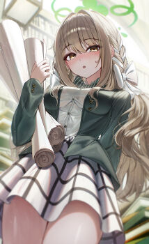 1girl absurdres arch_a4 blue_archive blush bow braid brown_eyes brown_hair diagonal-striped_bow from_below green_bow green_halo green_jacket hair_between_eyes hair_bow halo highres holding holding_scroll jacket long_hair looking_at_viewer miyo_(blue_archive) open_mouth scroll shirt sidelocks skirt solo striped_bow sweatdrop white_bow white_shirt white_skirt