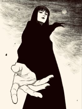 1girl animal animal_on_shoulder black_hair black_outline blunt_bangs from_below highres long_hair long_sleeves original outline solo tp_p_pt