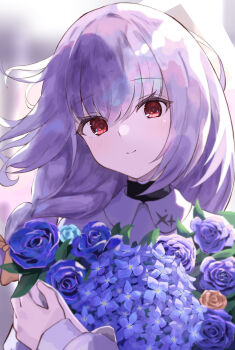 1girl absurdres atsuko_(blue_archive) backlighting blue_archive blue_flower blue_rose blush bouquet bow braid closed_mouth commentary eyelashes eyes_visible_through_hair floating_hair flower hair_between_eyes hair_bow highres holding holding_bouquet jacket kuronagasu_ir long_hair long_sleeves looking_at_viewer orange_bow orange_flower orange_rose red_eyes rose smile solo split_mouth upper_body white_jacket