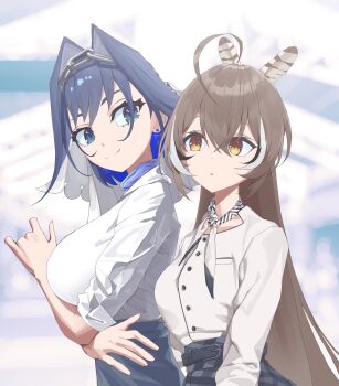 Rule 34 | 2girls, ahoge, black hair, black streaks, bow, bow earrings, breasts, brown hair, chain, chain headband, closed mouth, colored inner hair, commentary, earrings, feather hair ornament, feathers, hair intakes, hair ornament, highres, hololive, hololive english, jewelry, large breasts, long hair, medium hair, multicolored hair, multiple girls, nanashi mumei, open mouth, ouro kronii, shirt, small breasts, smile, thekaiyip, travel attendant, veil, very long hair, virtual youtuber, white shirt, white streaks