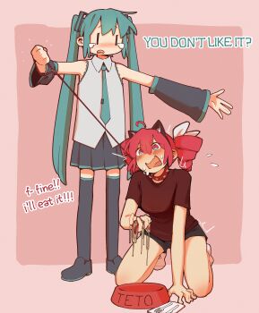 2girls absurdres alternate_costume animal_ear_hairband animal_ears ankle_socks aqua_hair arm_warmers black_arm_warmers black_shoes black_shorts black_skirt black_thighhighs blush border bow bowl cat_ear_hairband cat_ears character_name collar collared_shirt commentary double-parted_bangs drill_hair english_commentary english_text fake_animal_ears flying_sweatdrops food fork full_body hair_between_eyes hair_bow hairband hatsune_miku highres holding holding_leash kasane_teto kasane_teto_(sv) knife leash long_hair looking_at_another machuuu68 multiple_girls open_mouth outside_border pasta pet_bowl pleated_skirt red_background red_border red_collar red_eyes red_hair red_shirt shirt shoes short_shorts shorts sidelocks simple_background sitting skirt sleeveless sleeveless_shirt socks spaghetti standing sweat synthesizer_v t-shirt tears thighhighs twin_drills twintails utau variant_set very_long_hair vocaloid white_bow white_shirt white_socks yuri